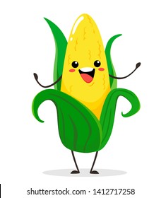 Corn. Cute funny corn in cartoon kawai  style. Vector isolate on white background