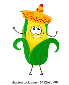 Corn. Cute funny corn in a cartoon Mexican sombrero style. Vector isolate on white background