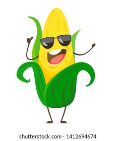 Corn. Cute funny corn in cartoon style with sunglasses. Vector isolate on white background