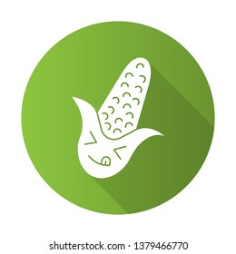 Corn cute kawaii flat design long shadow glyph character. Happy vegetable with stuck out tongue and closed eyes. Laughing food. Funny emoji, emoticon, savoring. Vector isolated silhouette illustration