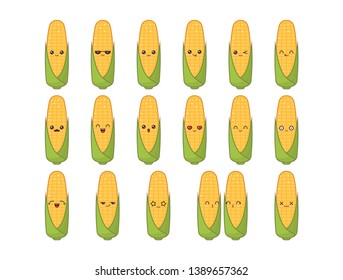 Corn cute kawaii mascot. Set kawaii food faces expressions smile emoticons. 