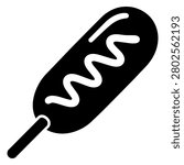 Corn dog black silhouette icon isolated on white background. Minimal bold vector-style illustration with battered sausage on a stick, wavy sauce topping, rounded fried snack shape, clean cutout details, and classic street food design for logo, sticker, decal, menu design, carnival food branding, and cutting file.