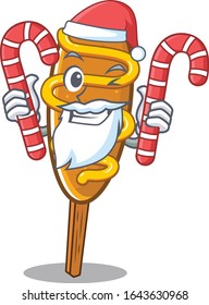Corn dog Cartoon character wearing Santa costume bringing a candy