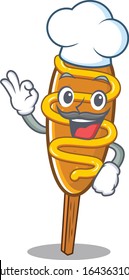 Corn dog cartoon character working as a chef and wearing white hat