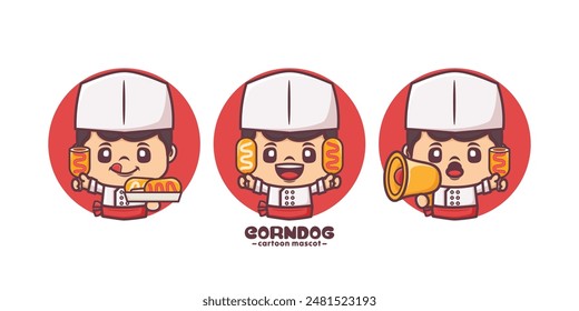 corn dog chef cartoon mascot, with different poses and expressions, vector illustration for culinary industry, logo, stickers, icon.