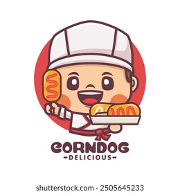 Corn dog chef cartoon mascot design, vector illustration for culinary business, brand logo, sticker, cartoon identity, decal, icon, etc.