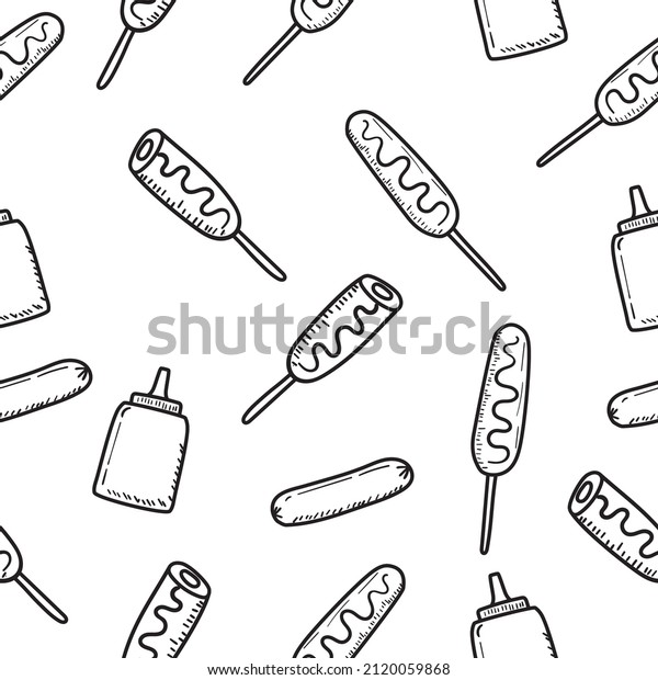Corn dog doodle seamless pattern suitable for\
background or wallpaper