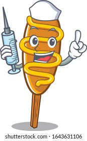 A corn dog hospitable Nurse character with a syringe