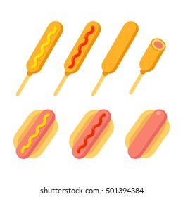 Corn dog and hot dog illustration set. Simple flat cartoon vector style.