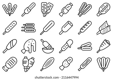 Corn dog icons set outline vector. American carnival. Chili dish