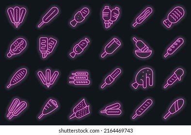 Corn Dog Icons Set Outline Vector. American Carnival. Chili Dish Vector Neon