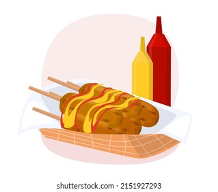 Corn dog illustration. Corn dogs with ketchup and mustard. Asian korean junk food on a stick. Fried sausage with a crispy corn crust. Flat vector illustration