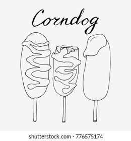 Corn dog illustration set. Corndogs with ketchup, missing bite and half. Hand drawn cartoon vector.