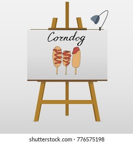 Corn dog illustration set. Corndogs with ketchup, missing bite and half. Hand drawn cartoon vector.