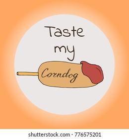 Corn dog illustration set. Corndogs with ketchup, missing bite and half. Hand drawn cartoon vector.