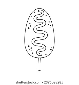 corn dog isolated on white background, korean fast food, street food snack, black and white vector illustration, flat style