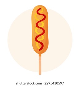 Corn dog with ketchup and mustard. Sausage in dough on a stick. American or Korean street food. Fastfood concept. Detailed flat illustration.