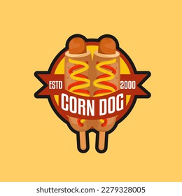 corn dog logo design inspiration, with ribbon, vintage design, retro, banner emblem, suitable for corn dog restaurant logo and korean, american restaurant logo, and graphic design element.