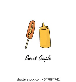 Corn dog and mustard in the bottle sketch hand drawn illustration. 