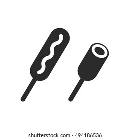 Corn dog on a stick icon. Whole corndog with mustard and cross section. Simple vector illustration.