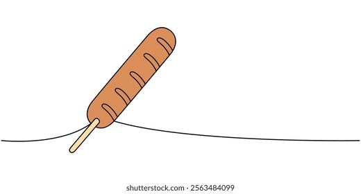 Corn dog one line colored continuous drawing. American street fast food. Vector linear illustration.