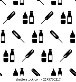 Corn dog seamless pattern. Fast food background with hot dog, bottle sauces. Icon street food on white background. Corn dog silhouette. Design for print on wrapping paper, packing. Vector illustration