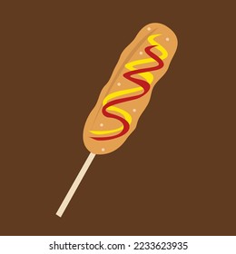 Corn dog stick flat vector illustration. Cute corn dog with sauce and mustard cartoon vector illustration for graphic design and decorative element
