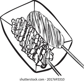 Corn dog. Traditional American corndog. street food. korean. black and white outline. vector eps 10