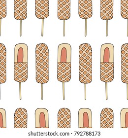 Corn dog vector illustration. Doodle style. Design, print, logo, decor, textile, paper.