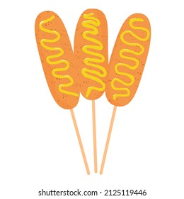 corn dog vector stock illustration. Sausage in the dough. Poured with ketchup and polishing. Isolated on a white background.