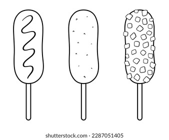 Corn dogs with ketchup or mustard, cheese and potatoes. Sausage in dough on a stick with and without condiments. Cute Asian food set. Outline icon.
