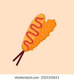 Corn dogs on a stick icon. Whole corndog with ketchup and cross section. Simple vector illustration. Vector illustration of a famous korean street food corn dog. Fast food, street food