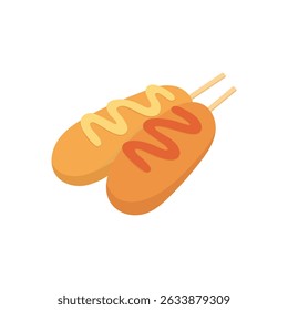 Corn dogs on sticks with mustard and ketchup on top. Ideal for use in snack bar menus, fast food advertising, or street food graphics. Fast food vector illustration isolated on a white background.