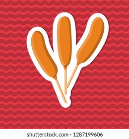 Corn Dogs sticker on red striped background. Graphic design elements for menu, packaging, advertising, poster, brochure or background. Vector illustration of fast food