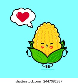 Corn doing yoga with speech bubble. Vector hand drawn cartoon kawaii character illustration icon. Isolated on blue background. Corn in love character concept