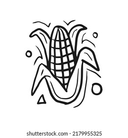 Corn doodle vector illustration. Simple hand drawn black and white Maize. Market package, education card, etching concept design