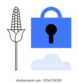 Corn ear, blue padlock, and a cloud. Ideal for digital security, agriculture, technology integration, data protection, and cloud storage in farming. Simple, modern, clean style