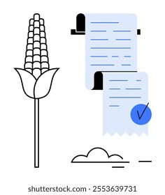 Corn ear next to papers with blue check mark and cloud below. Ideal for agriculture, food safety, documentation, farming processes, and compliance themes. Contemporary minimal style