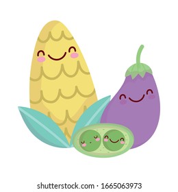 corn eggplant and peas menu character cartoon food cute vector illustration