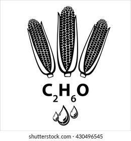 Corn ethanol biofuel, alternative and renewable energy supply source. Icon of corn cobs, ethanol formula and liquid drops. Vector Illustration