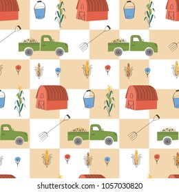 Corn farm pattern with barn, truck, fork, bucket. A playful, modern, and flexible pattern for brand who has cute and fun style. Repeated pattern. Happy and bright mood.