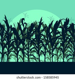 Corn Field Detailed Countryside Landscape Illustration Background Vector In Moonlight