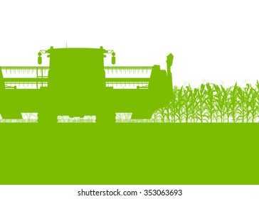 Corn field harvesting with combine harvester green ecology organic food abstract rural autumn vector background