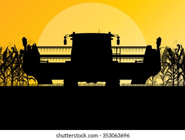 Corn field harvesting with combine harvester yellow abstract rural autumn vector background concept