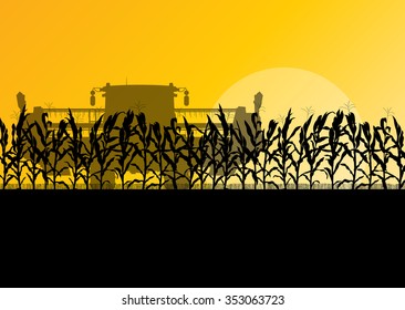 Corn field harvesting with combine harvester yellow abstract rural autumn vector background