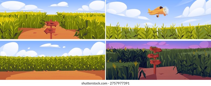 Corn field with wooden road pointers and high green maize plant stems. Vector flat illustrations set. Cartoon choice of way, labyrinth, maze. Rural farm agriculture summer landscape with airplane.