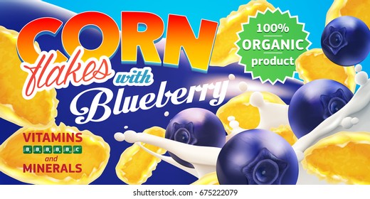 Corn flakes advertising flyer vector illustration with big milk splash and fresh blueberry. High quality art for ads broshure, poster or label design