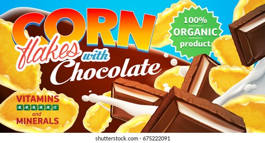 Corn flakes advertising flyer vector illustration with big milk splash and chopped chocolate. High quality art for ads broshure, poster or label design