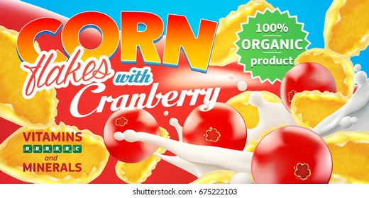 Corn flakes advertising flyer vector illustration with big milk splash and cranberry. High quality art for ads broshure, poster or label design