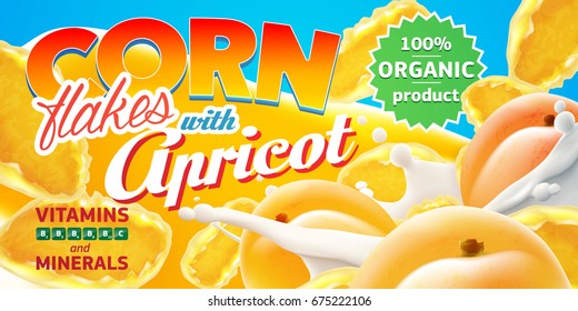 Corn flakes advertising flyer vector illustration with big milk splash with peach or apricot. High quality art for ads broshure, poster or label design